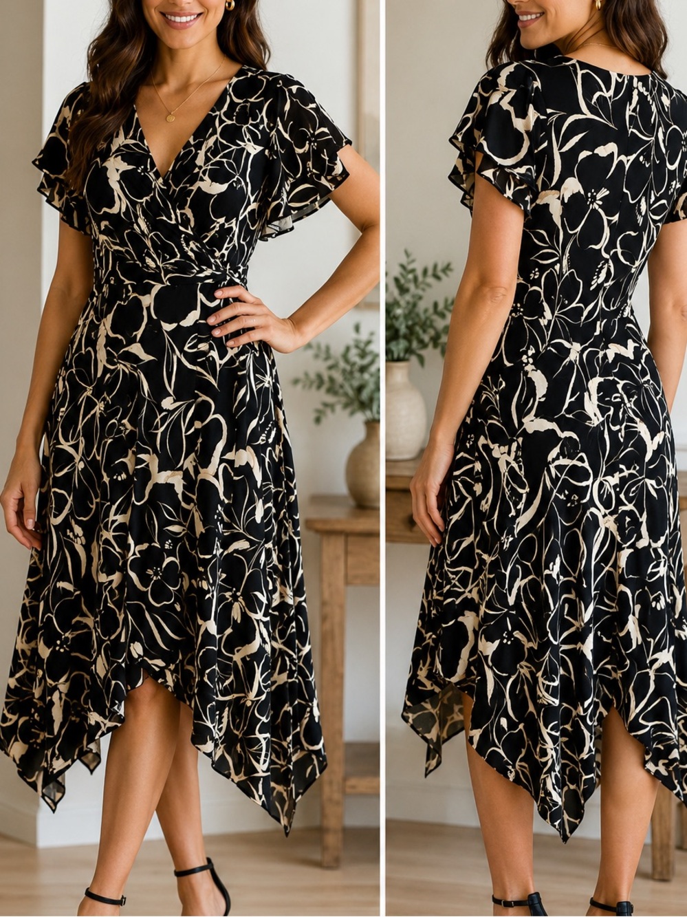 DKNY Floral Wrap Dress Size 8 Black Ivory Ruffle Sleeve Midi Dress